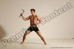 Underwear Fighting with axe Man White Muscular Short Brown Dynamic poses Academic